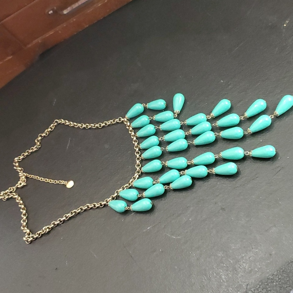 J Crew Baby Blue Tear Drop Beaded Boho Statement Bib Necklace Silver Tone Chain
